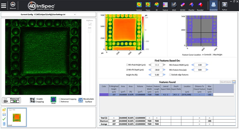 Surface measurement showing centroid analysis of features